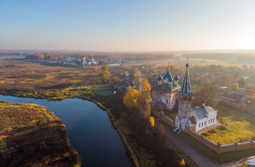 Autumn morning in the village of Dunilovo. Bird's eye view