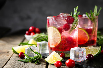 Fototapeta Cold season drink - cranberry and rosemary cocktail, copy space obraz