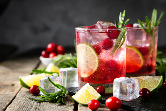 Cold season drink - cranberry and rosemary cocktail, copy space