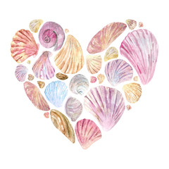Heart shape postcard with watercolor hand drawn shells