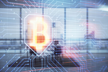 Bitcoin sign hologram with minimalistic cabinet background. Double exposure. Cryptocurrency concept.