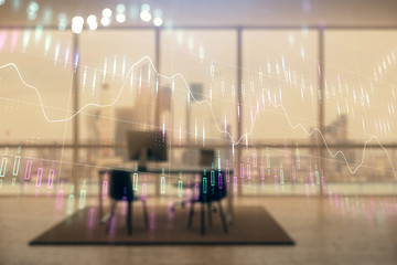 Business theme graph hologram with minimalistic cabinet interior background. Double exposure. Stock market concept.