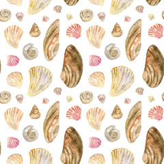 Watercolor seamless pattern with bright yellow and pink shells and mollusks