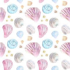 Bright summer watercolor seamless pattern. Blue, pink and beige shells on white background