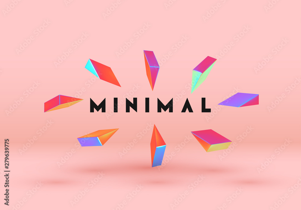 Poster Minimal background with realistic 3d objects. Abstract geometric triangular and pyramidal elements in gradient of holographic, colors hologram. Vector illustration.