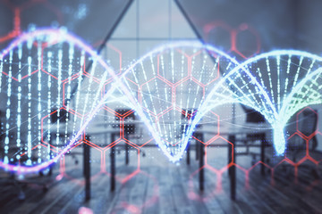 Double exposure of DNA hologram on conference room background. Concept of education