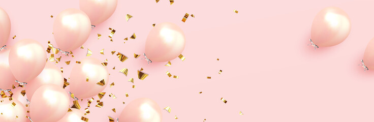 Festive background with helium balloons. Celebrate a birthday, Poster, banner happy anniversary. Realistic decorative design elements. Vector 3d object ballon, pink color. - obrazy, fototapety, plakaty
