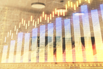 Multi exposure of stock market graph on conference room background. Concept of financial analysis