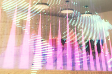 Double exposure of stock market graph with globe hologram on conference room background. Concept of international finance