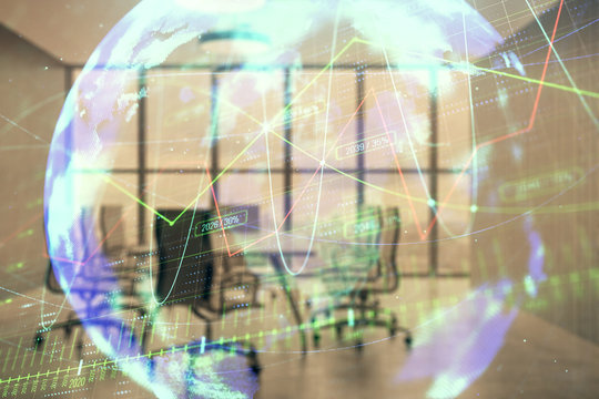 Double exposure of stock market graph with globe hologram on conference room background. Concept of international finance