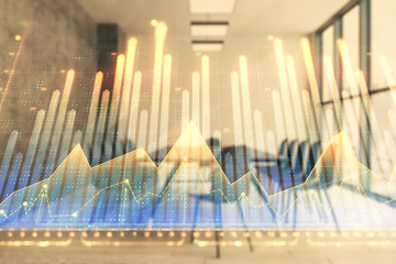 Multi exposure of stock market graph on conference room background. Concept of financial analysis