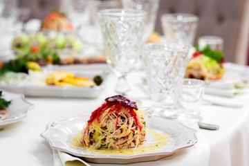 Delicious dishes on the table in the restaurant. Wedding, Banquet