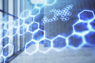 Double exposure of abstract technology hologram on empty room interior background.