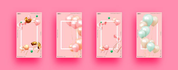 Festive background with helium balloons, 3d geometric objects. Celebrate a birthday, Poster, banner happy anniversary. copy space for text. Vector ballon, pink color. social media story template