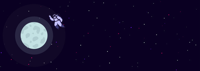 Man travel to the moon. Poster of astronaut approaching the moon, satellite earth. Night background of space with bright starry in the distance. Futuristic banner, mankind is exploring the cosmos © lauritta