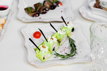 Delicious dishes on the table in the restaurant. Wedding, Banquet