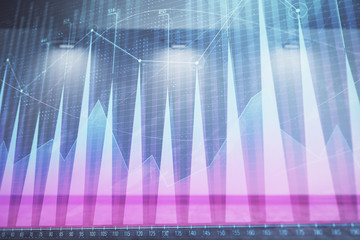 Double exposure of financial graph on empty room interior background. Forex market concept.
