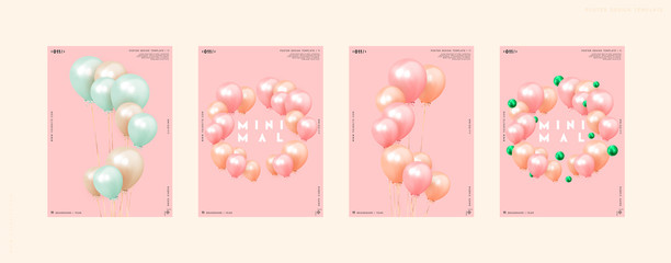 Fototapeta na wymiar Festive background with helium balloons. Celebrate a birthday, Poster, banner happy anniversary. Realistic decorative design elements. Vector 3d object ballon with ribbon, pink and orange color.