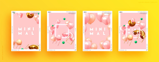 Festive background with helium balloons. Celebrate a birthday, Poster, banner happy anniversary. Realistic decorative design elements. Vector 3d object ballon with ribbon, pink and orange color.