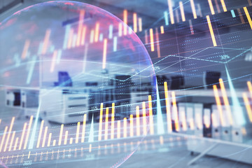 Stock and bond market graph and world map with trading desk bank office interior on background. Multi exposure. Concept of international finance