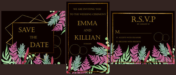 Watercolor hand painted wedding invitation template design with colorful plants and green leaves on Burgundy background. Illustration for cards, save date, greeting design, floral invitations with gol © Natalia