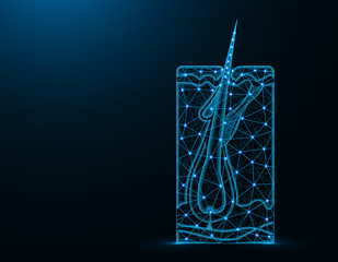 Healthy hair bulb low poly model, medical abstract graphics, hair growth and human skin polygonal wireframe vector illustration on dark blue background