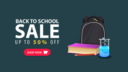 Back to school, discount web banner in minimalist style with school backpack, a book and a chemical flask