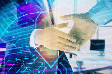 Fototapeta na wymiar Double exposure of blockchain theme drawing on office background with two businessmen handshake. Concept of crypto economy