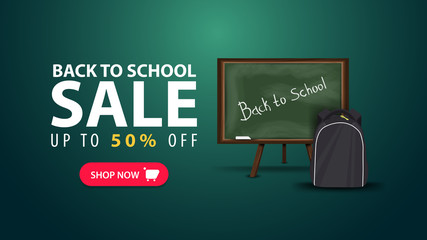 Back to school, discount web banner in minimalist style with school Board and school backpack