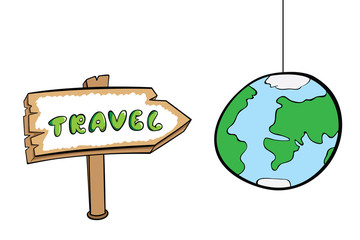 Travel road sign and planet
