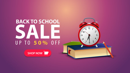 Back to school, discount web banner in minimalist style with school books and alarm clock