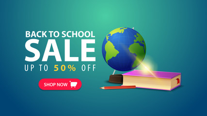 Back to school, discount web banner in minimalist style with globe and school textbooks