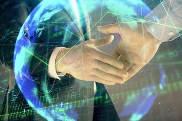 Multi exposure of forex graph and world map on abstract background with two businessmen handshake. Concept of success on international markets