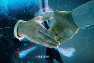 Multi exposure of hacking drawing on abstract background with two men handshake. Concept of data cyberpiracy
