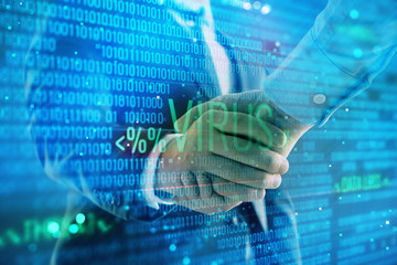 Multi exposure of hacking drawing on abstract background with two men handshake. Concept of data...