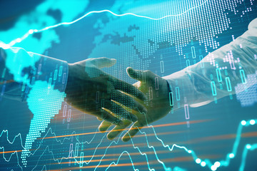 Multi exposure of forex graph and world map on abstract background with two businessmen handshake. Concept of success on international markets