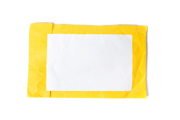Yellow postal bag for packing parcels. Isolated on white background. Space for text with white label