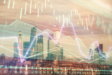 Plakat Double exposure of financial graph on downtown veiw background. Concept of stock market research and analysis