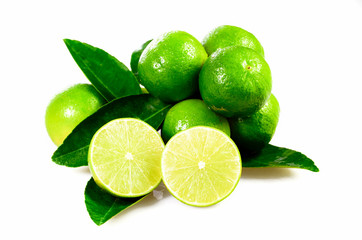 Seedless organic lime fruits (Citrus aurantifolia) isolated on white background.
