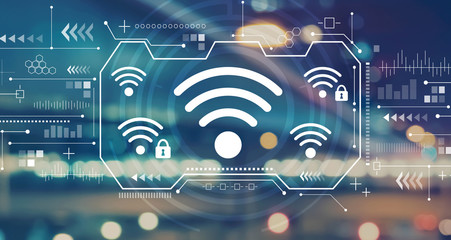 Wifi with blurred city abstract lights background
