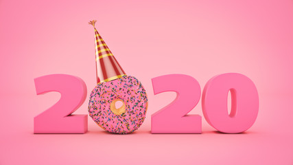 Donut with party hat concept 2020 New Year sign. 3d rendering	