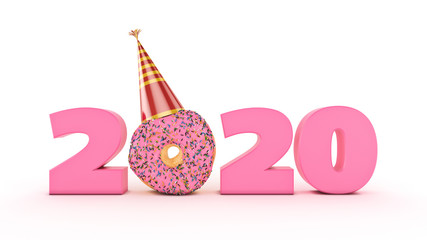 Donut with party hat concept 2020 New Year sign. 3d rendering	