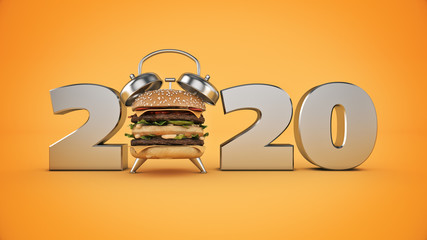 hamburger alarm clock concept 2020 New Year sign. 3d rendering