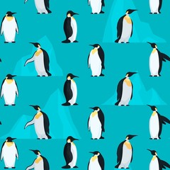 Pattern seamless with penguins and bright icebergs
