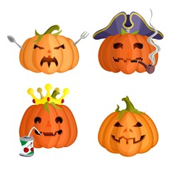 a selection of large bright pumpkins with carved faces