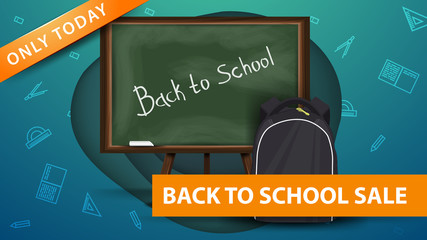 Back to school sale, modern green discount banner in paper cut shapes with school Board and school backpack