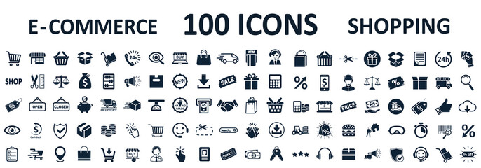 Shopping icons 100, set shop sign e-commerce for web development apps and websites - stock vector