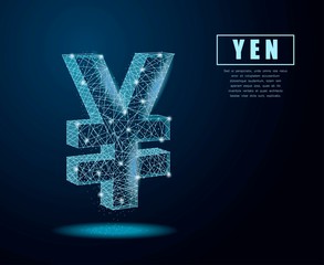 Polygonal yena sign mesh on dark background.Polygonal illustration in the form of a starry sky, lines, dots, polygon