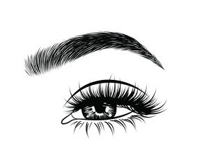 Abstract fashion illustration of the eye with creative makeup. Hand drawn vector idea for business visit cards, templates, web, salon banners,brochures. Natural eyebrows and glam eyelashes