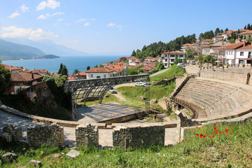 Antique ancient roman amphitheater and Lake Ohrid, Republic of North Macedonia
